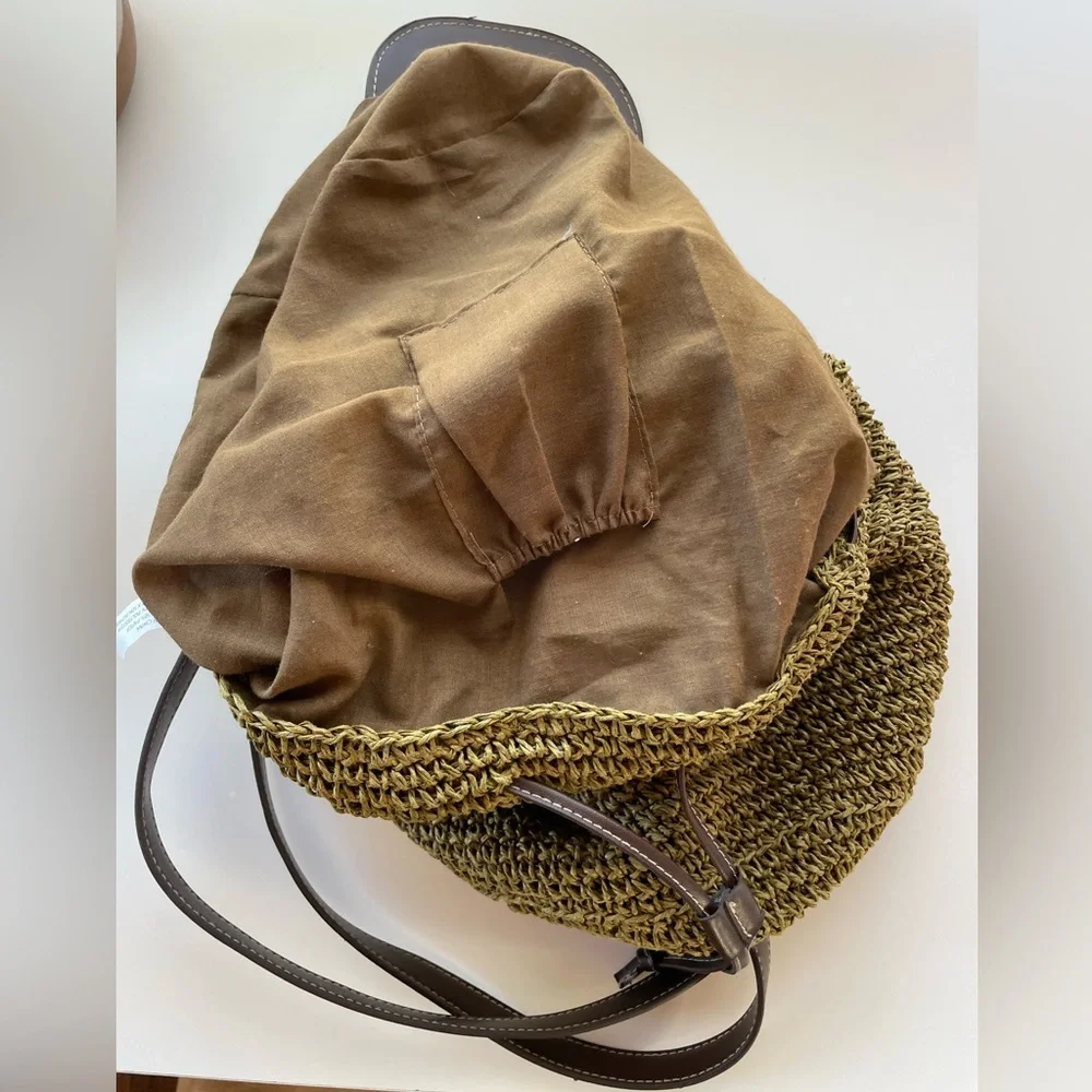 Cappelli Straworld Olive Green Woven Raffia Backpack Brown Faux Leather Trim‎